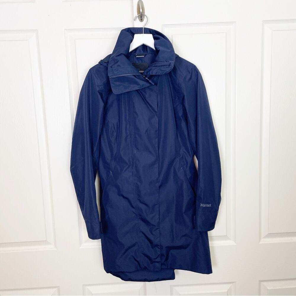 Marmot Downtown Navy Longline Rain Jacket Hooded Zip Magnetic Snap Sz M